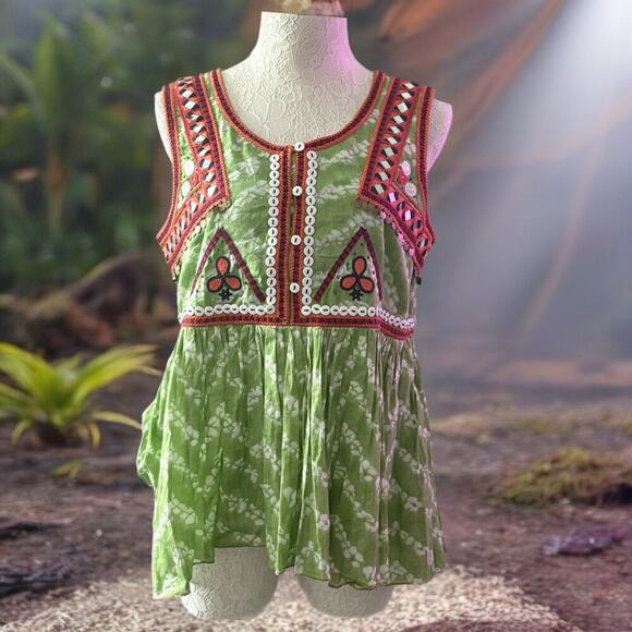 Indigo Moon Green Mirror Embroidered Festival Boho Top Medium Sleeveless Cotton - Picture 13 of 13